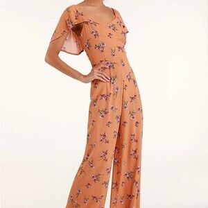 Sunlit Veranda Terra Cotta Floral Print Wide-Leg Jumpsuit Size M